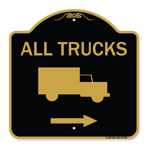 Trucks Sign All Trucks W/ Truck & Right Arrow, Black & Gold Aluminum Sign, 18" x 18", BG-1818-22782